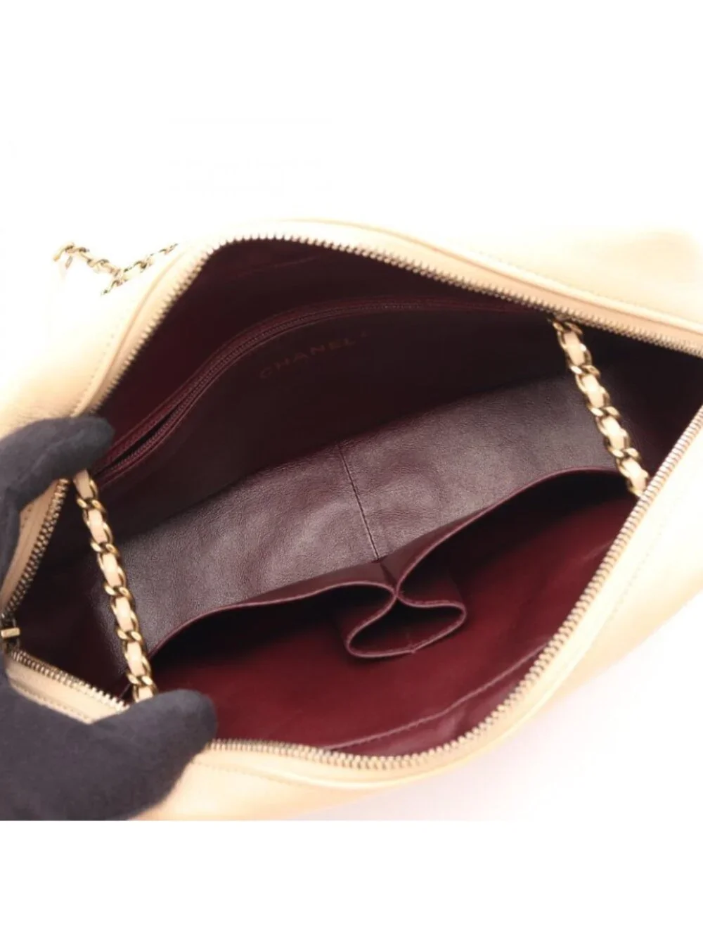 Chanel Shoulder Bag Bias Stitch Antique Gold Beige Leather Chain